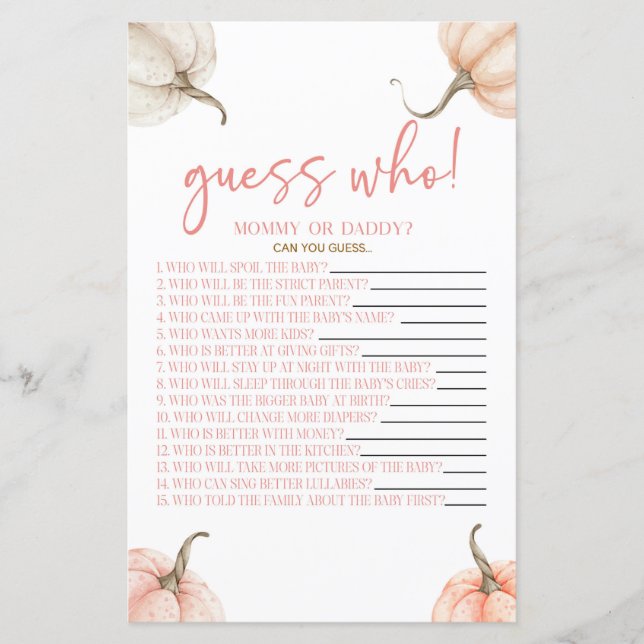 ピンクカボチャ秋推測誰が赤ちゃんシャワーゲーム (正面)