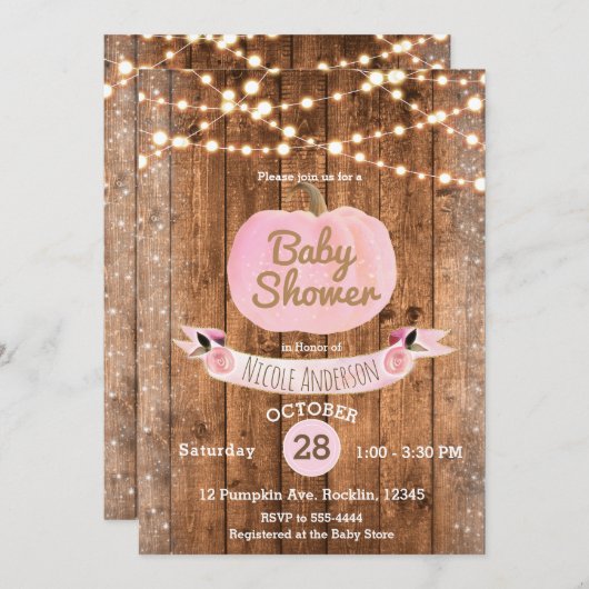 ピンクカボチャ秋素朴ウッドライトベビーシャワー 招待状 (正面/裏面)