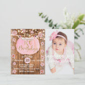 ピンクカボチャ素朴秋ライト1stバースデーフォト 招待状 (スタンド正面)