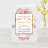 ピンクカボチャ花ゴールドフォイルスウィート16誕生日 カード (黄色い花)
