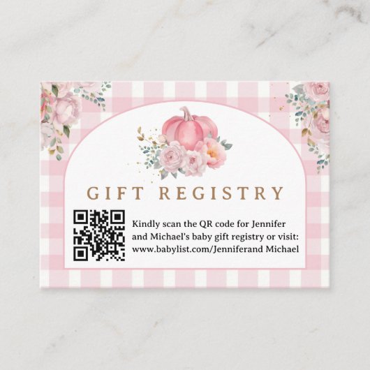 ピンクカボチャ赤ちゃんシャワーギフト登録カード エンクロージャーカード (正面)