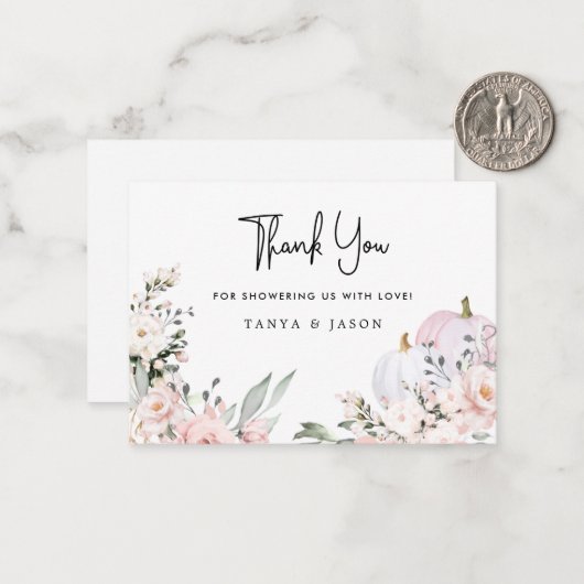 ピンクカボチャ赤ちゃんシャワーサンキューカード ノートカード (正面/裏面インサイチュ)