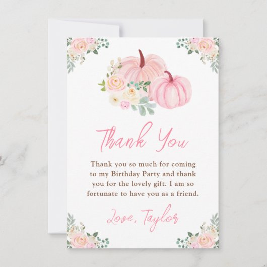 ピンクカボンプキンスフローラ誕生日パーティー サンキューカード (正面)