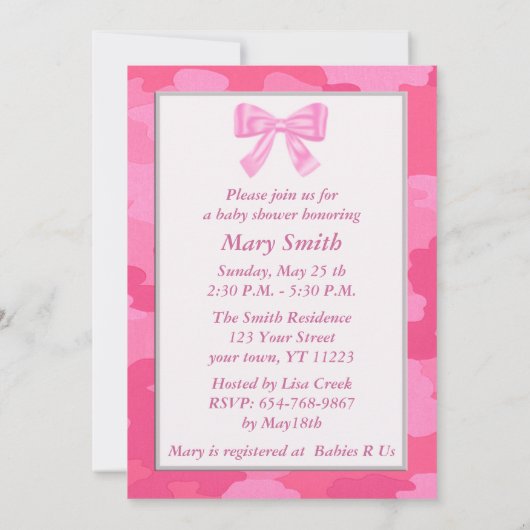 ピンクカモフラージピンクボウベビーシャワー招待状 招待状 (裏面)