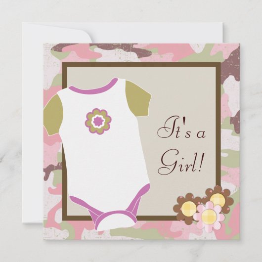 ピンクカモフラージベビーガールシャワー招待状 招待状 (正面)