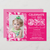 ピンクカモフラージュ/迷彩柄テーマファースト誕生日 招待状 (正面/裏面)