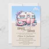 ピンクカラバンおもしろい引っ越し祝いパーティーパーティー 招待状 (正面)