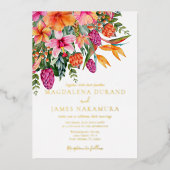 ピンクカラフルがかったオレンジ色の熱帯フローラ結婚写真 箔招待状 (正面)