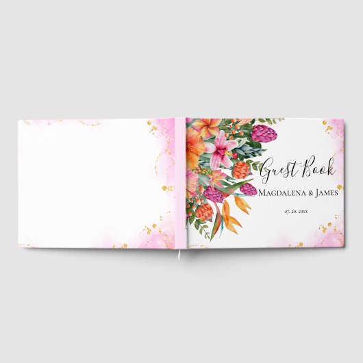 ピンクカラフルがかったオレンジ色の熱帯結婚花 ゲストブック (全面)