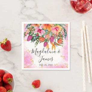 ピンクカラフルがかったオレンジ色の熱帯結婚花 スタンダードカクテルナプキン