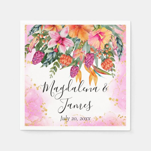 ピンクカラフルがかったオレンジ色の熱帯結婚花 スタンダードカクテルナプキン (正面)