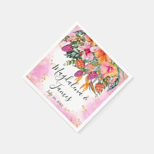 ピンクカラフルがかったオレンジ色の熱帯結婚花 スタンダードカクテルナプキン (角)