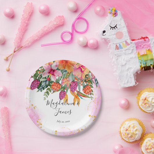 ピンクカラフルがかったオレンジ色の熱帯結婚花 ペーパープレート (パーティー)