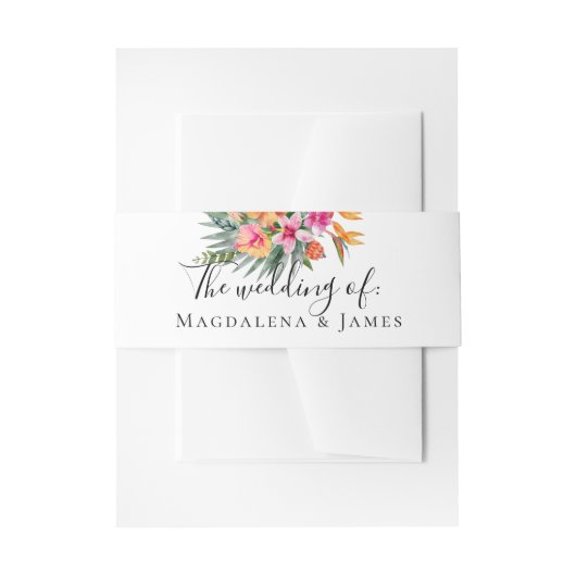 ピンクカラフルがかったオレンジ色の熱帯花の台本 招待状ベリーバンド (正面例)