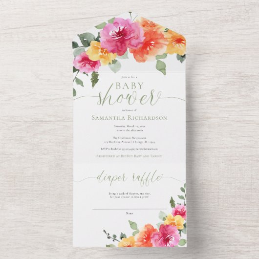 ピンクカラフルがかったオレンジ色の牡丹 オールインワン招待状 (内側)