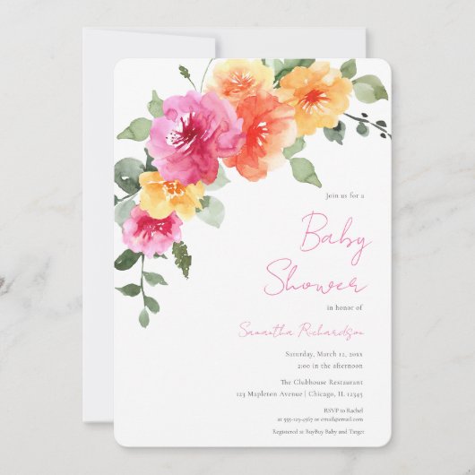 ピンクカラフルがかったオレンジ色の牡丹 招待状 (正面)