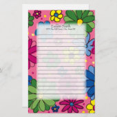 ピンクカラフルがかった可愛い緑のピンク色の花 便箋 (正面/裏面)