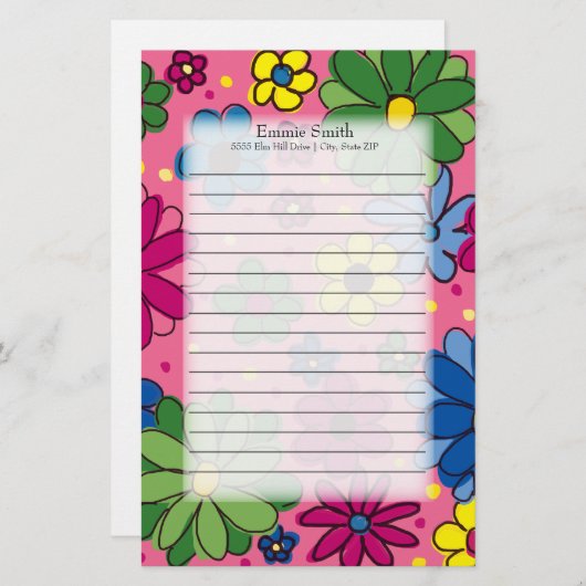 ピンクカラフルがかった可愛い緑のピンク色の花 便箋 (正面/裏面)