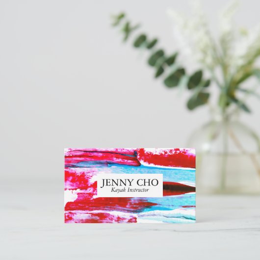 ピンクカラフルとアクア絵を描ストライプの 名刺 (スタンド正面)