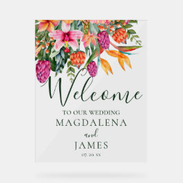 ピンクカラフルとオレンジの熱帯花へようこそ アクリルサイン