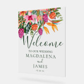 ピンクカラフルとオレンジの熱帯花へようこそ アクリルサイン (傾斜)