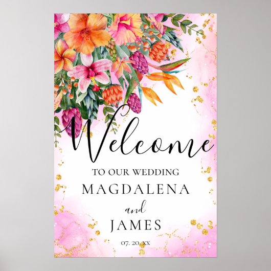 ピンクカラフルとオレンジの熱帯花へようこそ ポスター (正面)