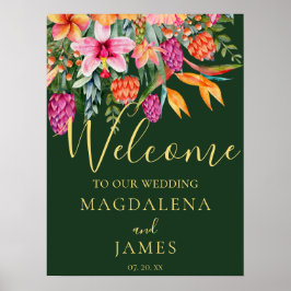 ピンクカラフルとオレンジの熱帯花へようこそ ポスター