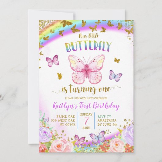 ピンクカラフルと紫の蝶誕生日 招待状 (正面)