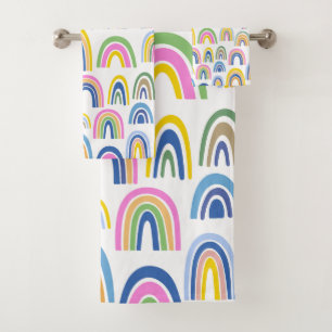 ピンクカラフルと黄色のかわいい虹の絵柄  バスタオルセット