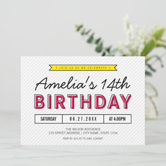 ピンクカラフルと黄色の任意の年齢のモダン誕生日 招待状 (スタンド正面)