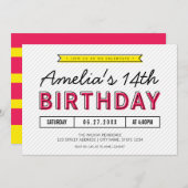 ピンクカラフルと黄色の任意の年齢のモダン誕生日 招待状 (正面/裏面)