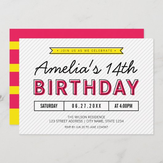 ピンクカラフルと黄色の任意の年齢のモダン誕生日 招待状 (正面/裏面)