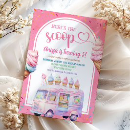 ピンクカラフルのアイスクリームトラックはこちらスクープ 招待状