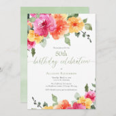 ピンクカラフルのオレンジ色の牡丹50th誕生日パーティー 招待状 (正面/裏面)