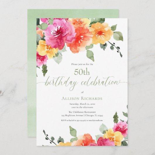 ピンクカラフルのオレンジ色の牡丹50th誕生日パーティー 招待状 (正面/裏面)