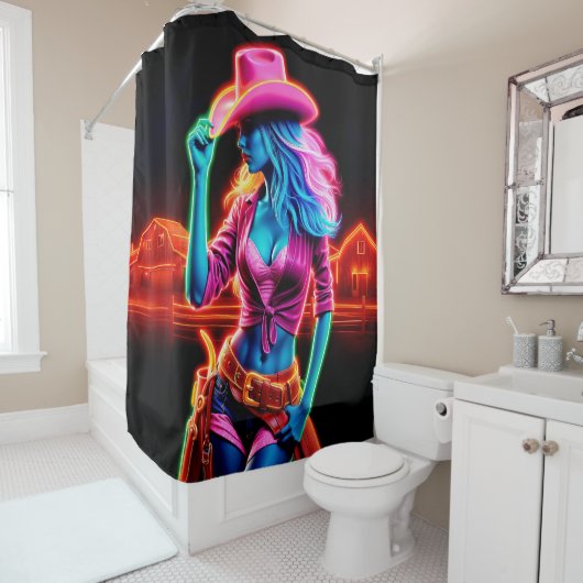 ピンクカラフルのカウボーイハットアートを持つ西部の少女 シャワーカーテン (インサイチュ)
