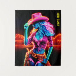 ピンクカラフルのカウボーイハットアートを持つ西部の少女 タペストリー