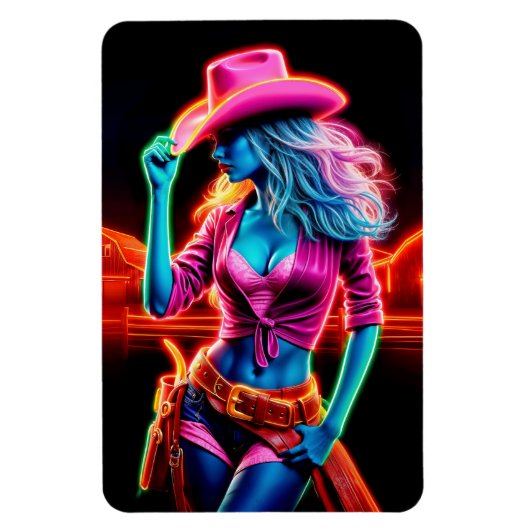 ピンクカラフルのカウボーイハットアートを持つ西部の少女 マグネット (縦)