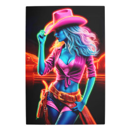 ピンクカラフルのカウボーイハットアートを持つ西部の少女 メタルプリント