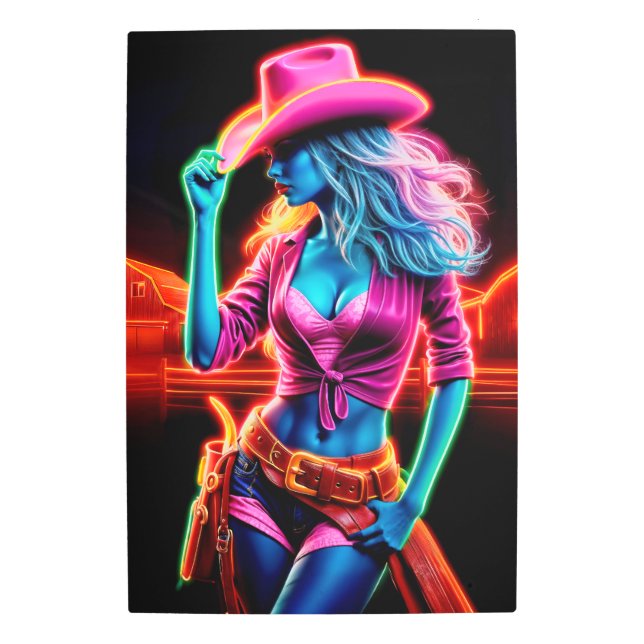 ピンクカラフルのカウボーイハットアートを持つ西部の少女 メタルプリント (正面)