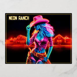 ピンクカラフルのカウボーイハットアートを持つ西部の少女 箔シーズンポストカード