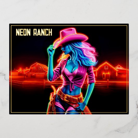 ピンクカラフルのカウボーイハットアートを持つ西部の少女 箔シーズンポストカード (正面)