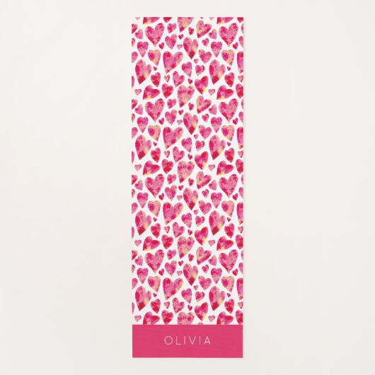 ピンクカラフルのハートパタパーソナライズされたーン ヨガマット (正面)