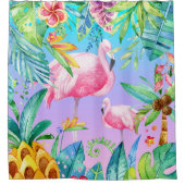 ピンクカラフルのフラミンゴを持つ熱帯林 シャワーカーテン (正面)