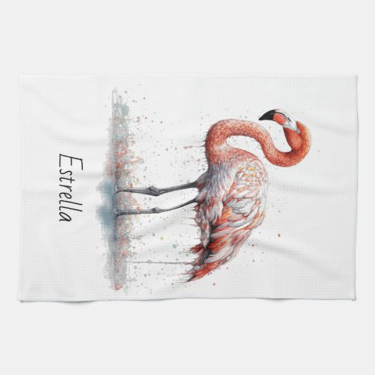 ピンクカラフルのフラミンゴ、カスタマイズ可能 キッチンタオル (横)
