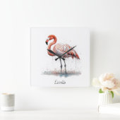 ピンクカラフルのフラミンゴ、カスタマイズ可能 スクエア壁時計 (ホーム)