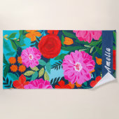 ピンクカラフルのフローラパーソナライズされた休暇 ビーチタオル (正面)