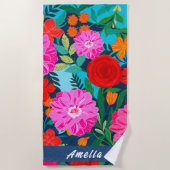 ピンクカラフルのフローラパーソナライズされた休暇 ビーチタオル (正面)