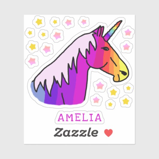 ピンクカラフルのユニコーンと星の名前キッズシール シール (シート)