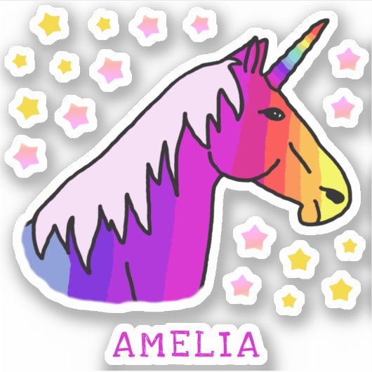 ピンクカラフルのユニコーンと星の名前キッズシール シール (正面)
